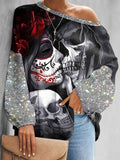 Women's Skull Printed One-Shoulder Long Sleeves Casual Blouses