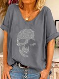 Skull portrait print V-neck loose T-shirt