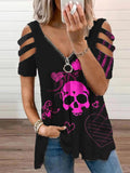 Women's Retro Punk Skull Print Casual V-Neck Off-Shoulder T-Shirt