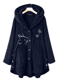 Women's Solid Color Pullover Sweater Pocket Cat Embroidery Cardigan Hooded Coat Button Top