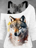 Women's Wolf Print Lace Tank Top Two-Piece Set