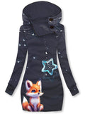 Women's Winter Fox Print Casual Sports Hooded Dress