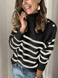 Women's High Collar Pullover Shoulder Belt Button Stripe Sweater