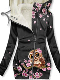 Women's Winter Owl Art Print Casual Fleece Track Jacket