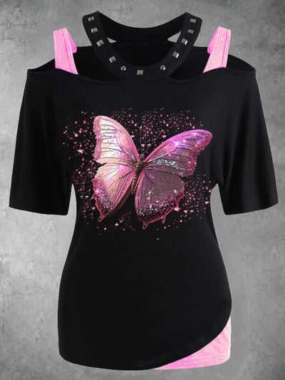 Women's Fake Two-Piece Butterfly T-Shirt