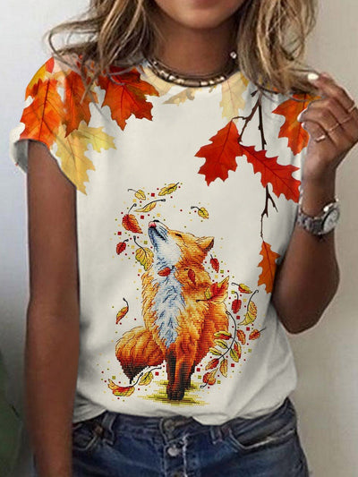 Cute Animal Maple Leaf Fox Casual T-shirt