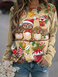 Women's Christmas Owl Crew Neck Plaid Casual Sweatshirt