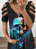 Women's Retro Punk Skull Print Casual V Neck Off Shoulder T-Shirt