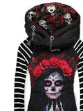 Women's Retro Punk Skull Girl Rose Art Casual Stripe Hooded Sweatjackenirl