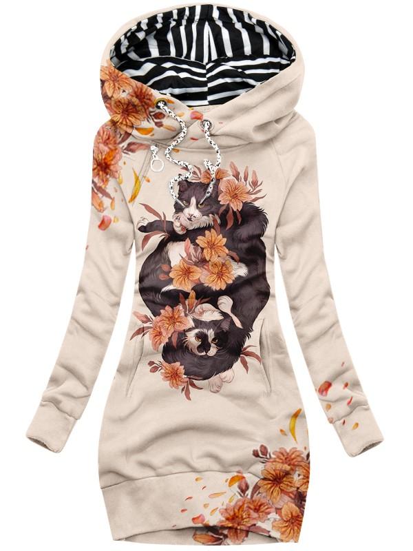 Women's Art Flower Cat Print Casual Hoodie