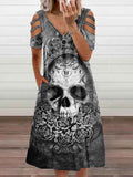 Women's Punk Skull Art Printed Sexy V-neck Short Sleeve Dress