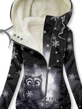 Women's Winter Snowflake Owl Printed Fleece Hooded Sweatjacke