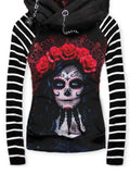 Women's Retro Punk Skull Girl Rose Art Casual Stripe Hooded Sweatjackenirl