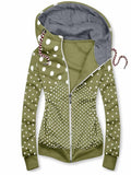 Women's Hooded Long Sleeve Zipper Polka Dot Print Casual Jacket