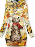 Women's Vintage Maple Leaf Cat Art Print Casual Sweatshirt