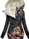 Women's Winter Owl Art Print Casual Fleece Track Jacket