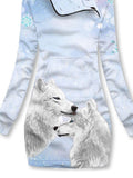 Women's Winter Wolf Print Casual Sports Hooded Dress