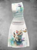 Women's Summer Retro Cat Print Long Dress