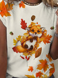 Cute Animal Maple Leaf Fox Casual T-shirt