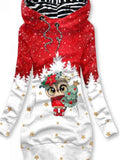 Women's Winter Christmas Owl Printed Fleece Hooded Dress