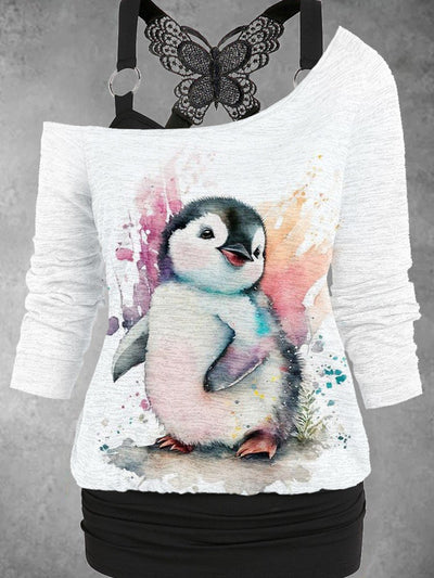 Women's Cute Penguin Art Design Casual Two Piece Suit Top
