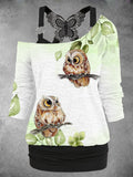 Women's Owl Butterfly Lace Art Design Two Piece Suit Top