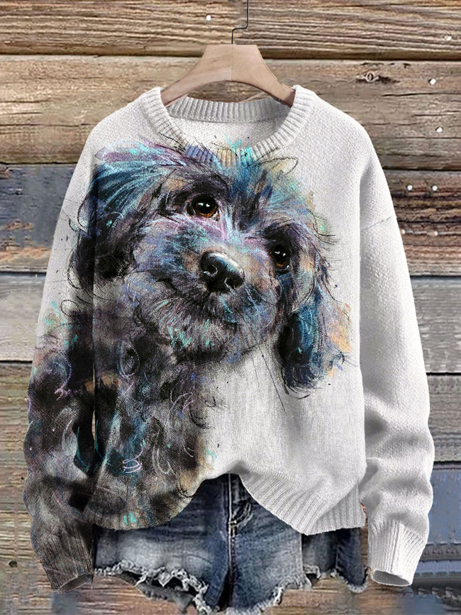 Cute Dog Art Print Knit Pullover Sweater
