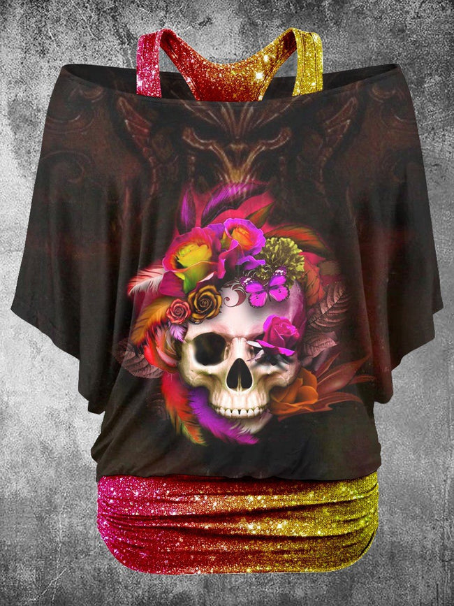 Women's Punk Rose Skull Gradient Art Two Piece Suit Top