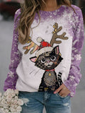 Women's Multicolor Christmas Cat Bleached Sweatshirt