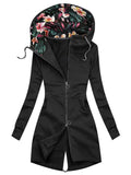 Women's Hooded Floral Printing Zipper Long Sleeve Pocket Sweater Coat