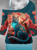 Women's Cat Art Casual Butterfly Vest Two Piece Suit Top