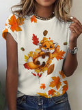 Cute Animal Maple Leaf Fox Casual T-shirt