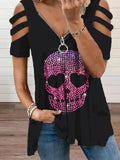 Women's Retro Punk Skull Print Casual V Neck Off Shoulder T-Shirt