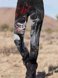 Vintage Punk Skull Pattern Printed Casual Tight Leggings