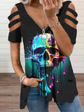 Women's Retro Punk Skull Print Casual V Neck Off Shoulder T-Shirt