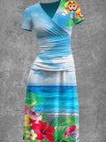 Women's Summer Hawaii Flower Art Printed Panel Dress