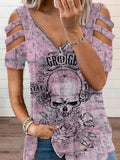 Women's Punk Skull Print V-neck Cold Shoulder T-shirt