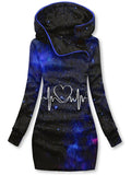 Women's Winter Aurora Heartbeat Print Casual Sports Hooded Dress