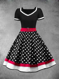 Women's 1950s Polka-dot Belted Patchwork Dress