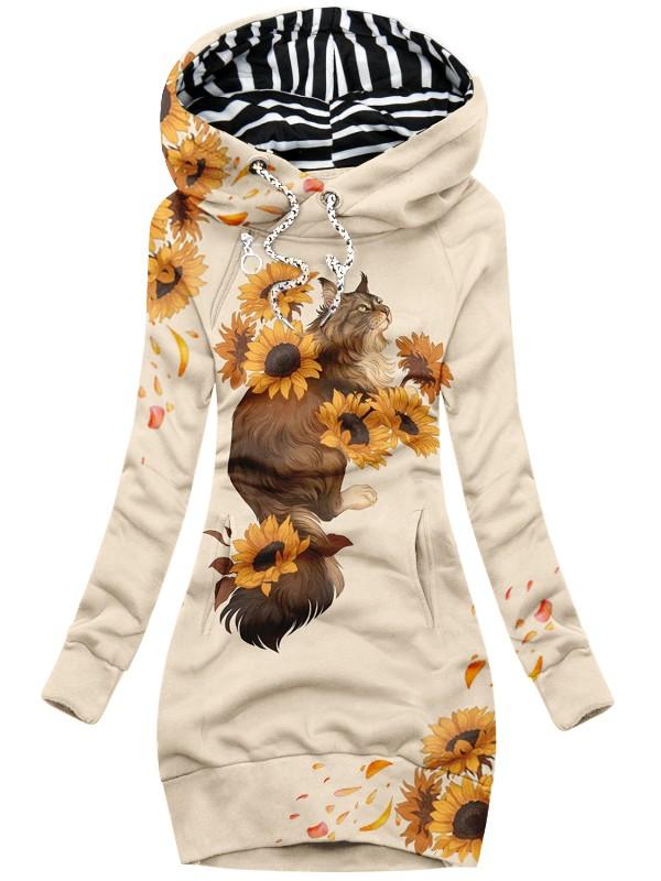 Women's Art Flower Cat Print Casual Hoodie