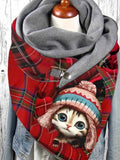 Christmas Cat Crew Neck Plaid Casual Scarf and Shawl