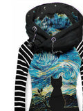 Women's Retro Punk Starry Sky Cat Art Casual Stripe Hooded Sweatjackenirl