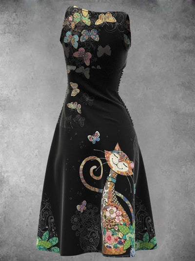 Women's Artistic Summer Vintage Cat Maxi Dress