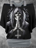 Women's Vintage Grim Reaper Skull Printed Two Piece Top