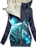 Women's Winter Vintage Wolf Print Casual Fleece Track Jacket