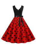 Women's Retro Wavy V-neck Polka Dot Printed Large Swing Dress