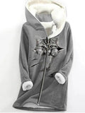 Women's Hooded Long Sleeve Fleece Zipper Mid Length Printed Animal Coat