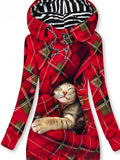 Women's Winter Christmas Cat Print Casual Sports Hooded Sweatshirt Dress