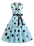 Women's V-neck Sleeveless Polka Dot Lace Up Waist Retro Swing Dress