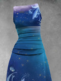 Women's Flower Gradient Starry Sky Art Printing Maxi Dress